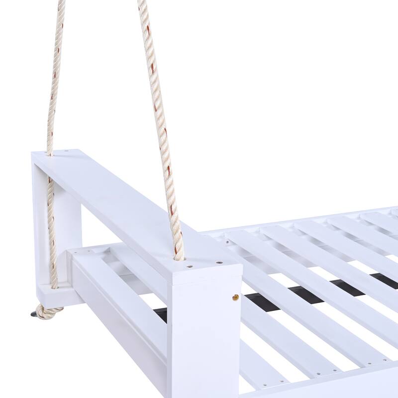 Twin Size Porch Swing Bed Seating Group, Patio Acacia Wood Swing Frame with Hemp Ropes for Garden, Backyard