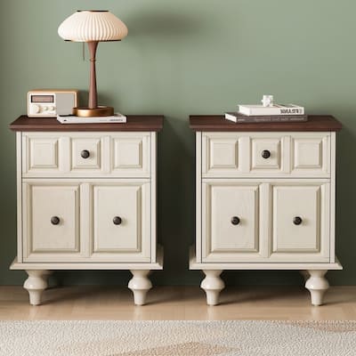 Vintage 2-Drawer Nightstand with Solid Wood Legs for Bedroom Storage Organization