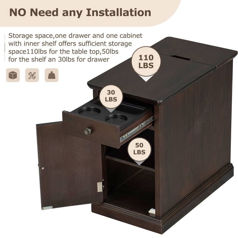 Multifunctional End Table with USB Ports and 1 Drawer with Cup Holders, Vintage Sofa Side Table Bedside Nightstand Narrow Table