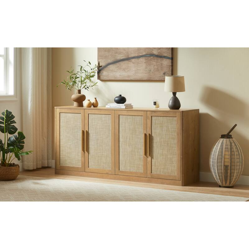 67"Rattan 4-Door Buffet Cabinet, Large Credenza Sideboard Buffet for Living Room, Hallway and Kitchen, 67"W x 15.75"D x 31.5"H