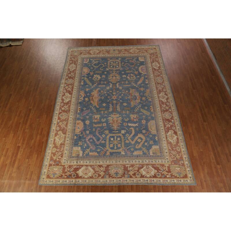 Hand Knotted Oriental 100% Wool Carpet Transitional All-Over Navy Blue & Blues Oushak Area Rug - 13' 11'' X 9' 9''