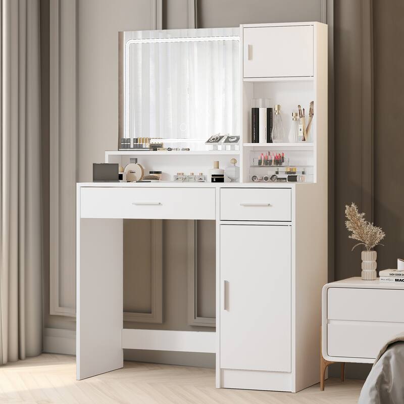 Dressing Vanity Desk with Drawer, Mirror & LED Light Strip, 3 Adjustable Brightness Modes - White