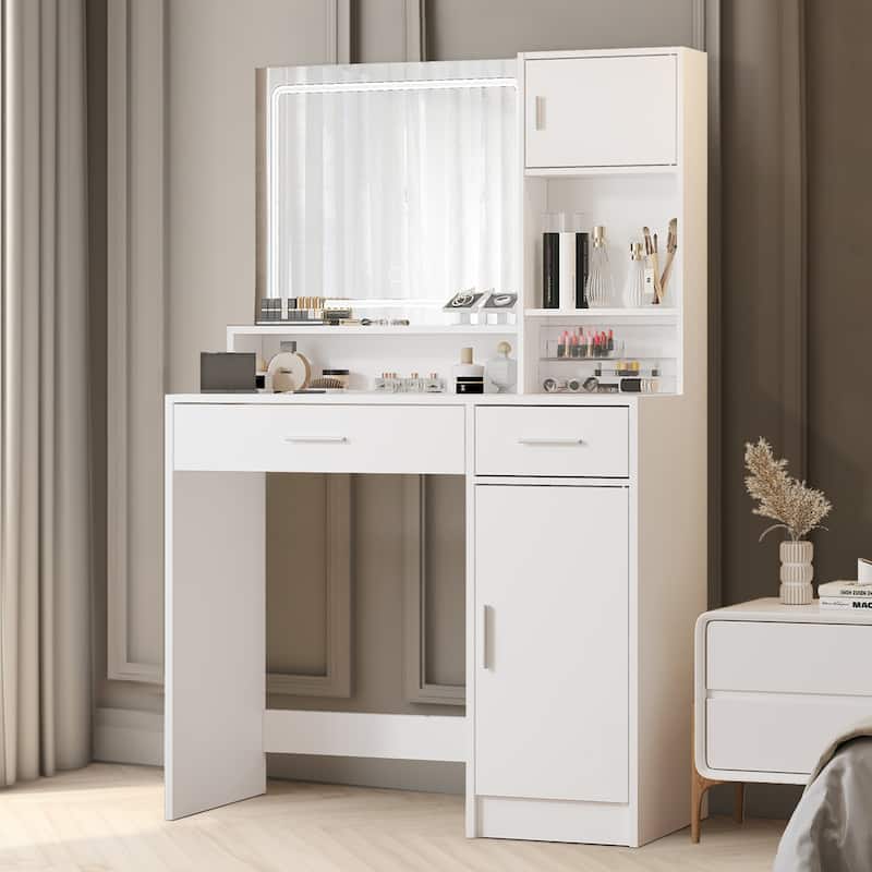 Modern Vanity Desk with Mirror, LED Light Strip and Storage
