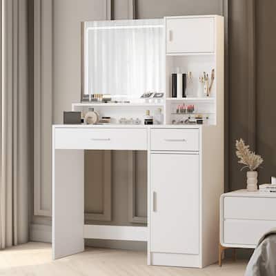 Modern Vanity Desk with Mirror, LED Light Strip and Storage