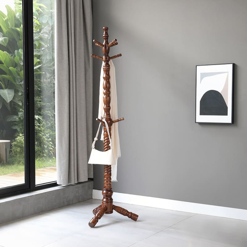 74.4" Solid Wood Coat Rack Freestanding, Coat Tree Stand with 11 Hooks - 74.4"H x 20.9"W
