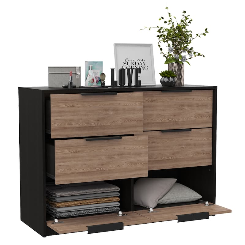 4 Drawer Double Dresser for Living Room ,Apartment, Bedroom, Black / Pine