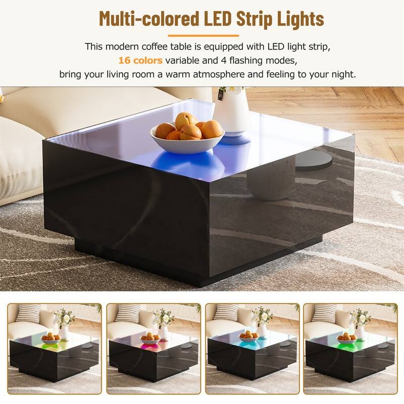 Square Hight Glossy Coffee Table with 16-color LED Strip Lights, Modern Center Table with 5mm Frosted Tempered Glass Top