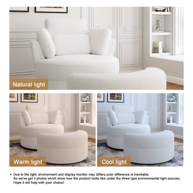 Chenille/Boucle Swivel Barrel Chair with Storage Ottoman
