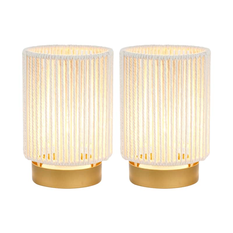 HomeRoots Set of Two 5" Off White Battery Operated Bedside Lamps With Rope Cylinder Shades - 7.00 in. x 4.50 in. x 4.50 in.