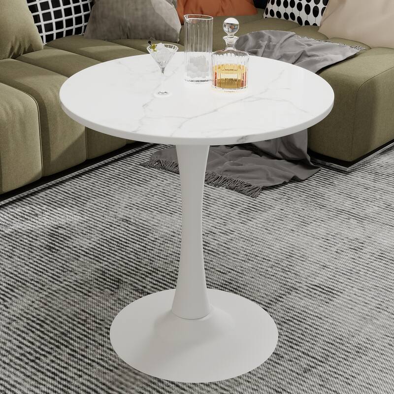 27.6-Inch Mid-Century Modern Style Dining Table, Accommodates 2-4 People, Featuring A Round White-Veined Marble Tabletop - White