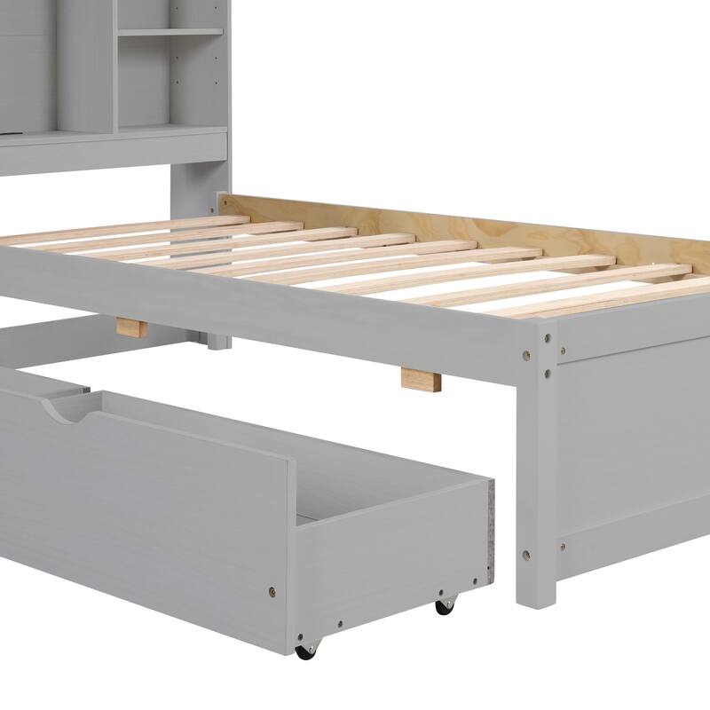 Modern Twin Size Bed Frame with USB Port, Bookcase Headboard, and 2 Drawers in Grey