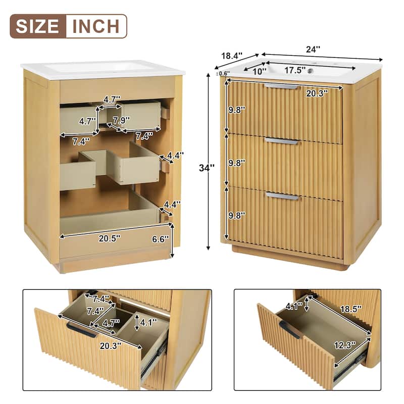 24 Inch Bathroom Vanity with Ceramic Sink, Modern Storage Cabinet with 3 Drawers and Open Shelf