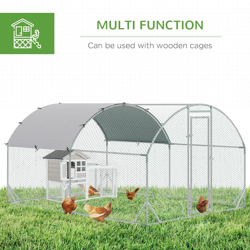 Large Silver Chicken Coop with Stand-Up Walk-In Design and Ventilated Mesh Walls for Bunnies or Ducks
