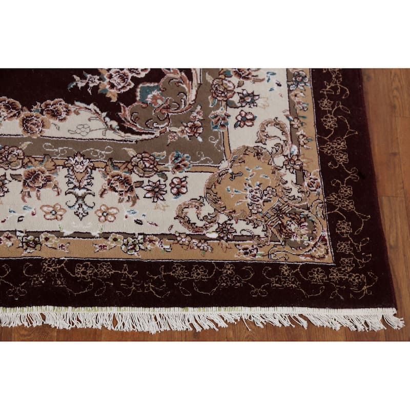 Burgundy Red Floral Aubusson Area Rug Machine Made Carpet - 6'6" x 9'10"