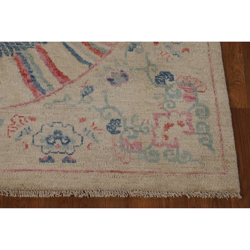 Vegetable Dye Beige Art Deco Turkish Rug Hand-Knotted Wool Carpet - 5'0"x 6'11"