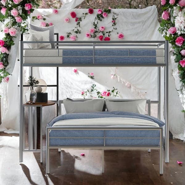 slide 2 of 9, Modren Twin Over Full Metal Bunk Bed with Desk,Ladder and Quality Slats for Bedroom Silver