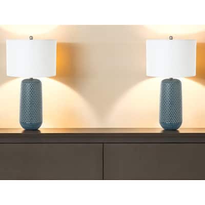 HomeRoots Set of Two 30" Blue Ceramic Geometric Table Lamp With White Drum Shade - 16' X '30' X '16