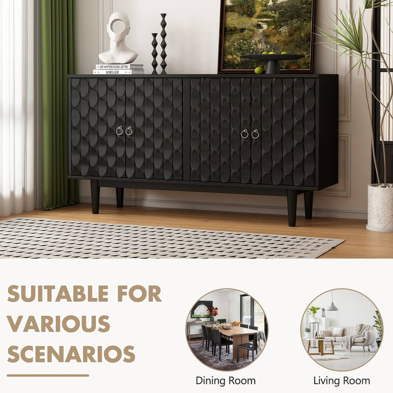 Buffet Cabinet with 4 Convex Pattern Doors, Storage Cabinet with 2 Silver Handle, Sideboard Cabinet with Adjustable Shelves