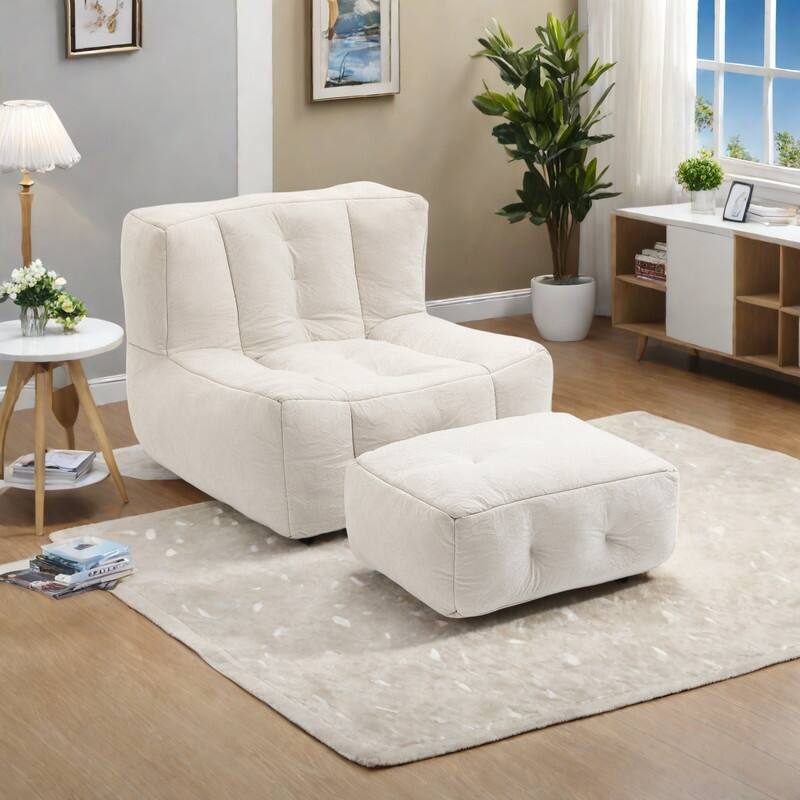 Velvet Memory Foam Bean Bag Super Soft Lounge Chair with Ottoman - White