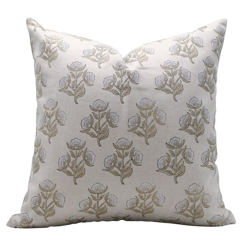 Fabdivine 12x20 Handmade Pure Linen Cushion Cover Floral Mustard Ideal for Sofa, Floral Block Print, Accent Décor, Bagru Buti - Pillow Covers - Bael Patra- White, Light Brown - 24" x 24"