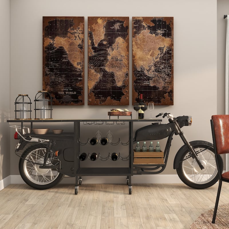 Black Metal Handmade One-of-a-Kind Reclaimed Motorcycle Bar with Light Up Headlights and Taillights - 105 x 18 x 38