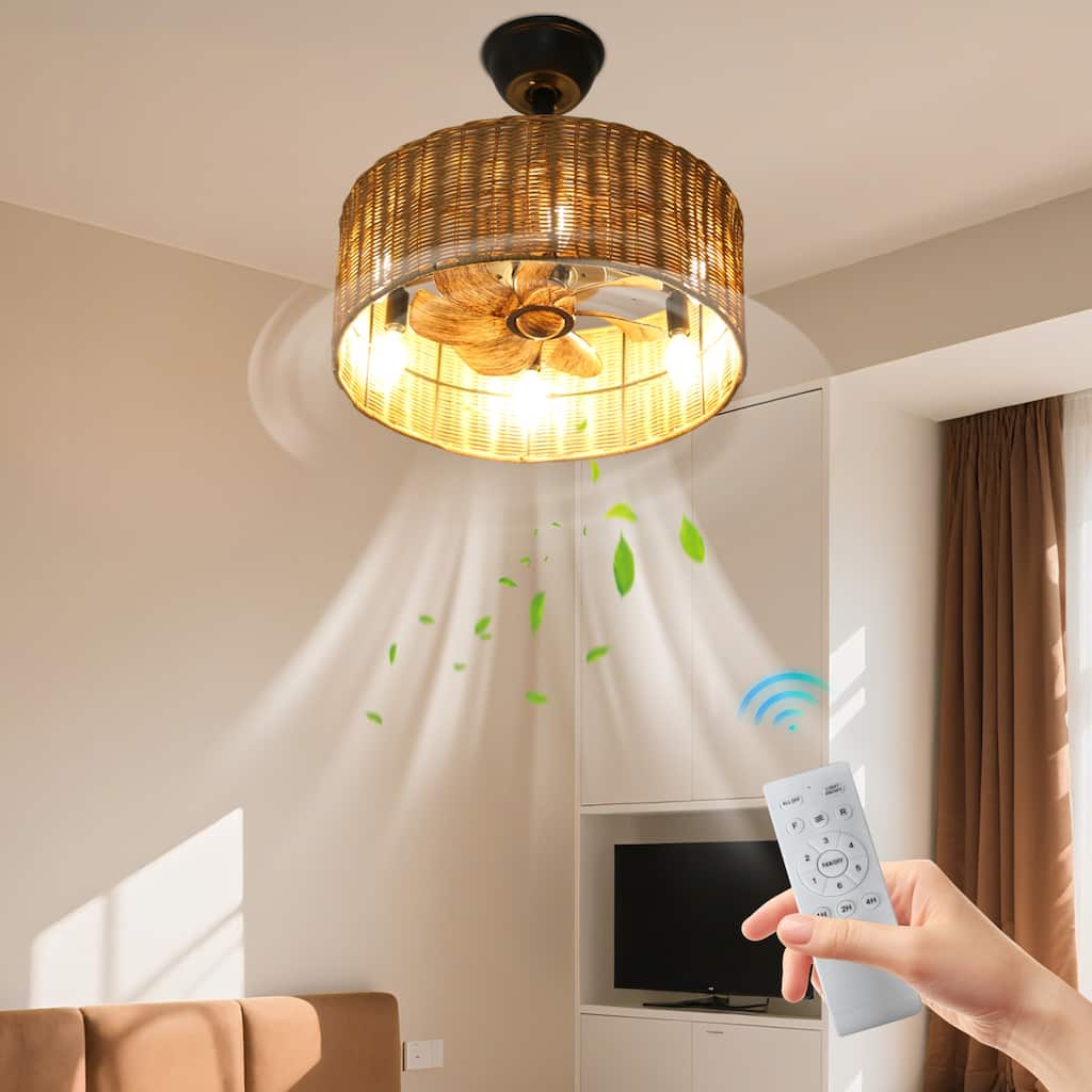 18 in. Vintage Style Brown 7-Blade Rattan Ceiling Fan with Light, Reversible DC Motor, Remote Control