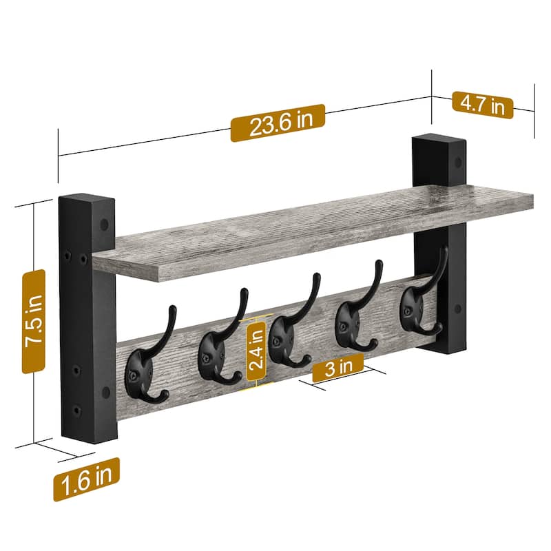 Sorbus Coat Hooks Wall Mount Floating Shelf with 5 Heavy Duty Hooks, Large and Extra Large