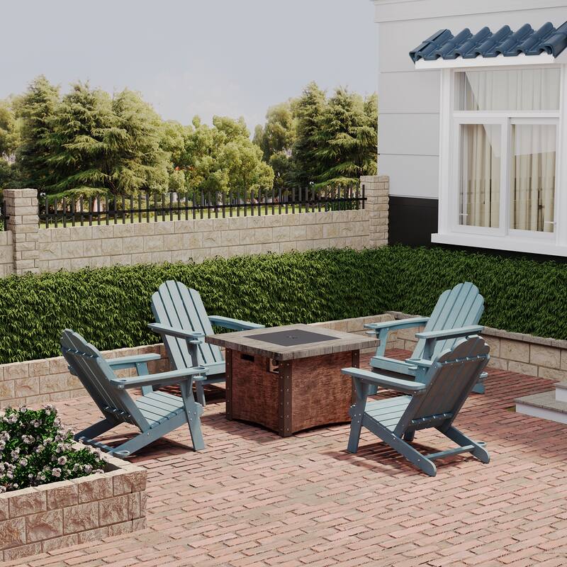 34.5 in. 5-Piece Metal Patio Fire Pit Set, Fire Pit Table and Adirondack Chairs with Cup Holder and Umbrella Holder