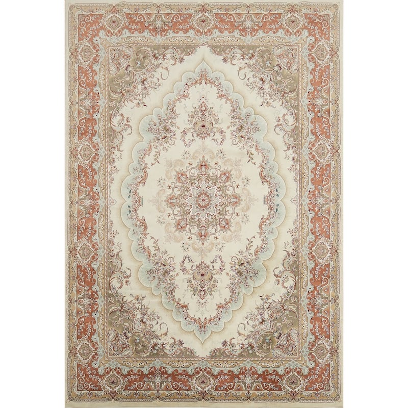 Traditional Tabriz Turkish Area Rug Machine-Made Beige Floral Carpet - 9'7" x 13'5"