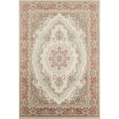 Traditional Tabriz Turkish Area Rug Machine-Made Beige Floral Carpet - 9'7" x 13'5"