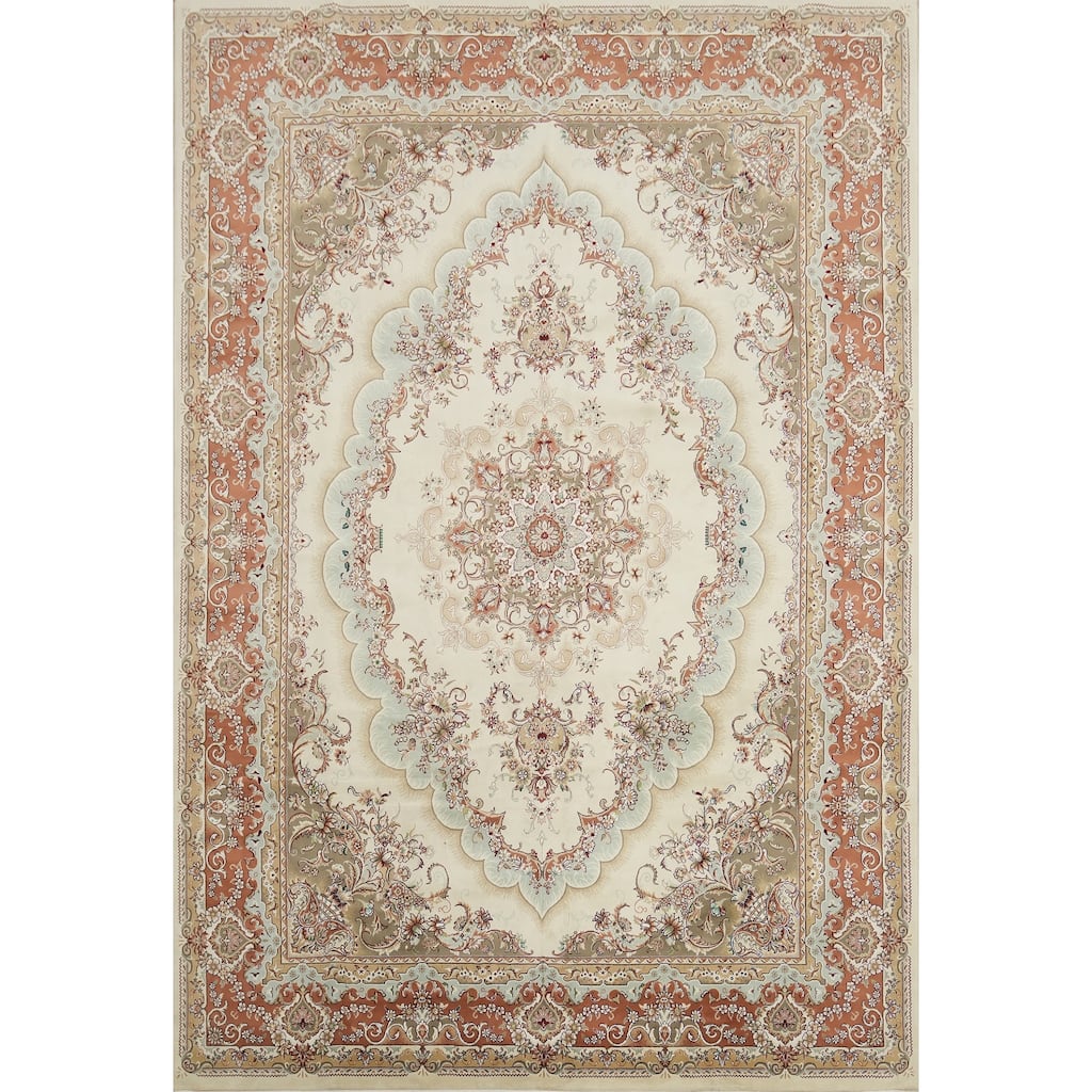 Traditional Tabriz Turkish Area Rug Machine-Made Beige Floral Carpet - 9'7" x 13'5"