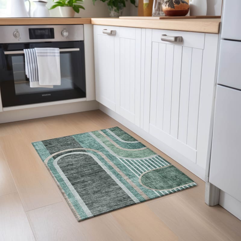 Machine Washable Indoor/ Outdoor Chantille Mid Century Modern Rug - Emerald - 1'8" x 2'6"