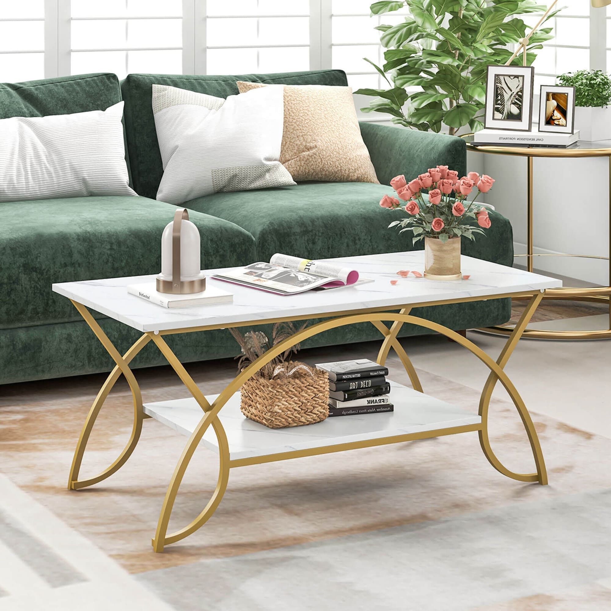 Costway Coffee Table Modern Marble 2-Tier Coffee Table Gold Rectangle - See Details