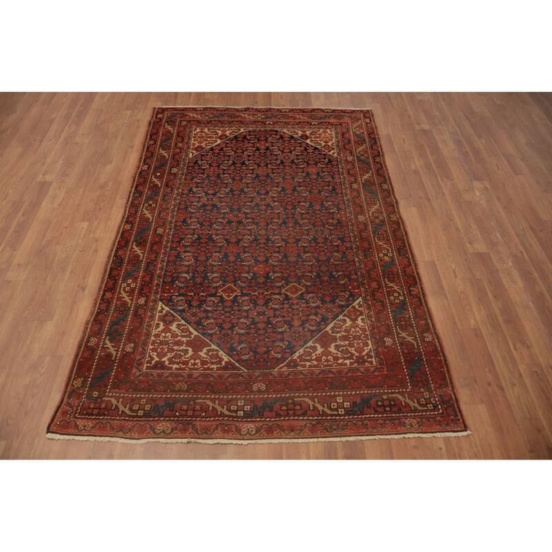 Hand Knotted Oriental 100% Wool Carpet Traditional Geometric Navy Blue & Blues Malayer Area Rug - 6' 8'' X 4' 4''