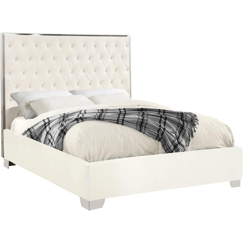 58.5 in.H White Wood Frame King Size Panel Bed with Velvet Upholstery Material and Bed Frame Mounted