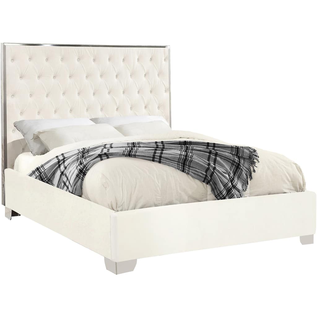 58.5 in.H White Wood Frame King Size Panel Bed with Velvet Upholstery Material and Bed Frame Mounted