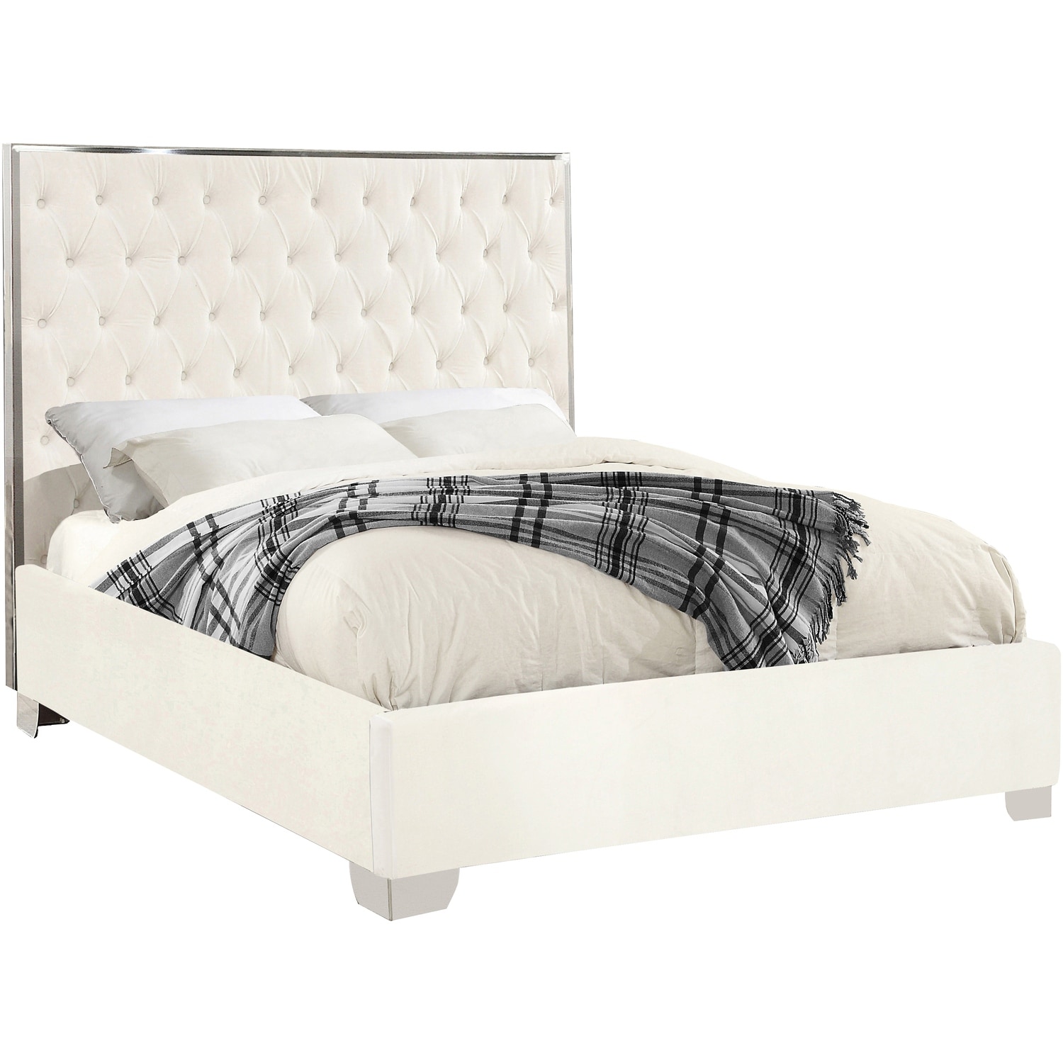 Velvet Upholstered Bed - Victorian Modern Queen Bed with Deep Tufting & Chrome Legs - White Bedroom Furniture
