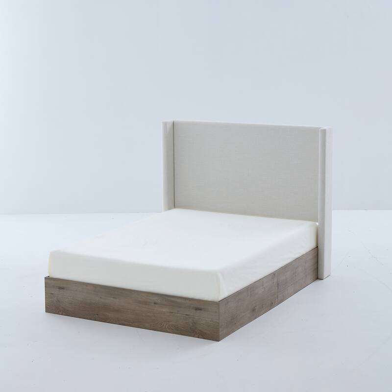 Upholstered Wingback Bed / 54" High Headboard / Wood Base / Rustic / Modern Farmhouse / Neutral / Scandinavian, Queen