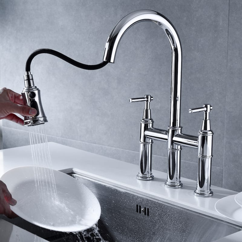 Chrome Bridge Kitchen Faucet with Pull-Down Sprayhead