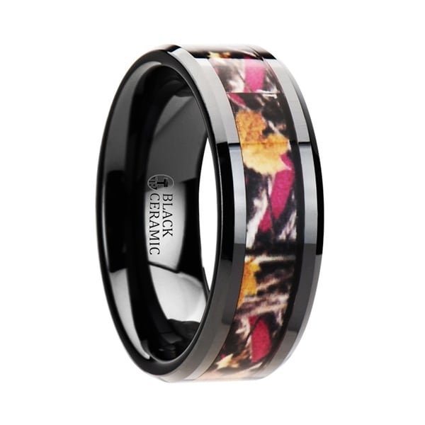 LAUREL Realistc Tree Camo Black Ceramic Wedding Band with Real Pink Oak Leaves 8mm