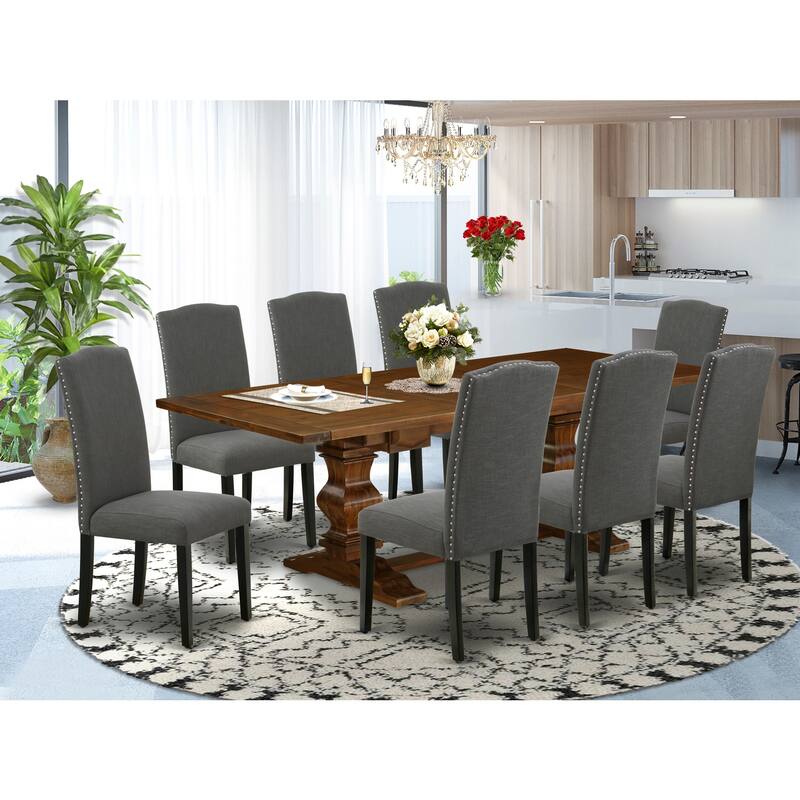 9-Piece Dining Room Set - Linen Accent Chairs, Antique Walnut Table - Dark Gray Fabric, Modern Design - 92