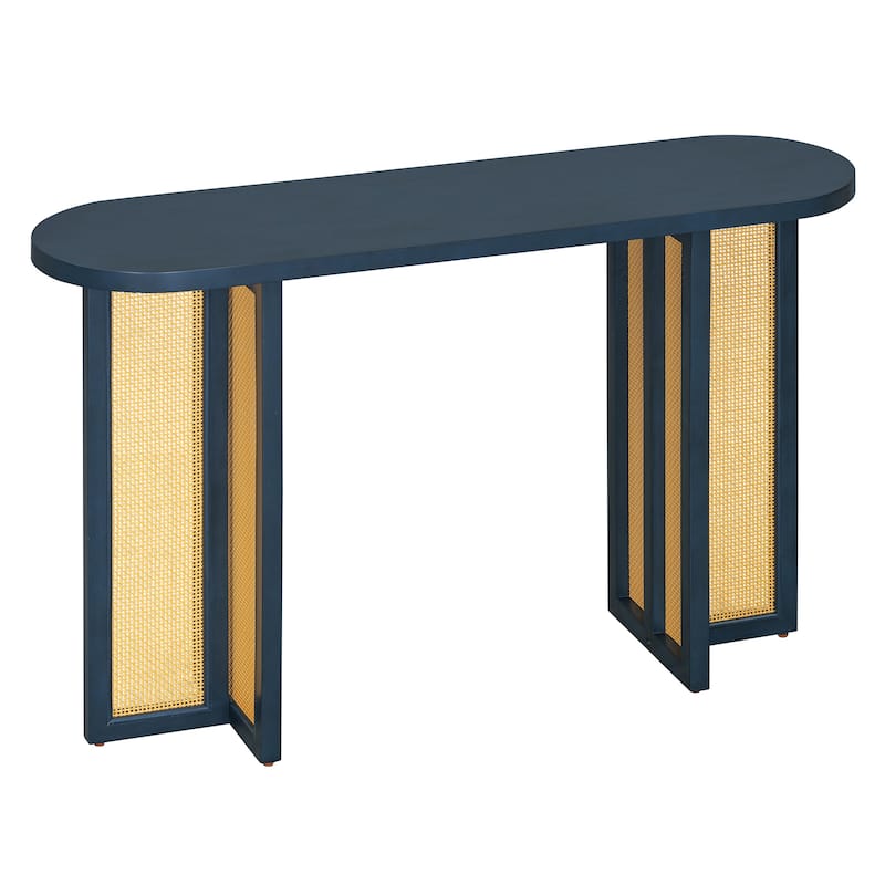 Boho Rattan Console Table, 47.8" Entryway Sofa Table with Oval Top, Narrow Hallway Table for Living Room, Entrance