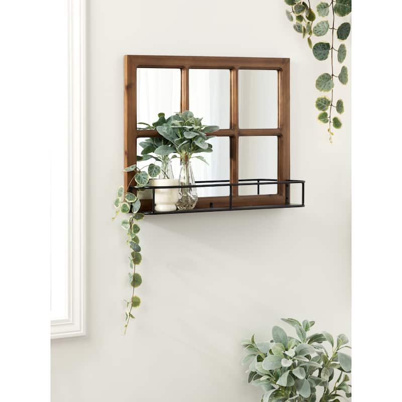 Kate and Laurel Jackson Distressed Wood Windowpane Mirror w/MetalShelf