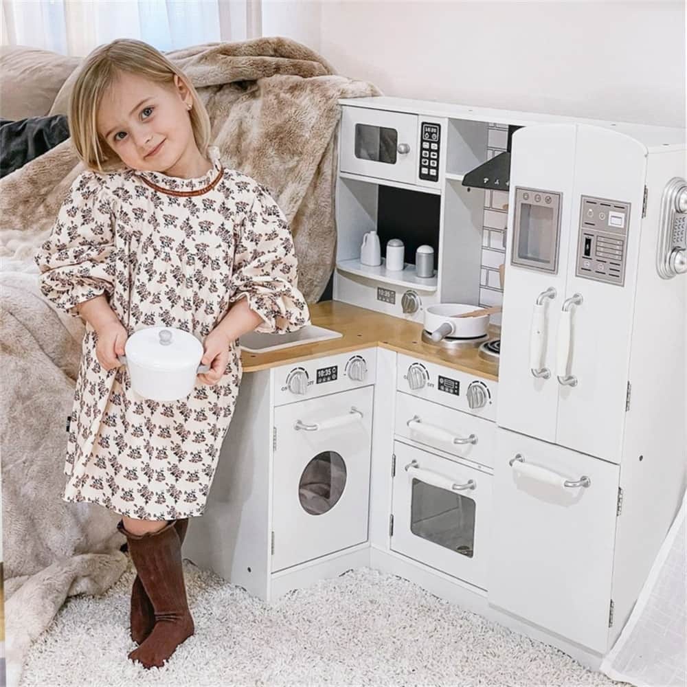Kids Wooden Kitchen Playset with Light Sound Sink Coffee Maker and Storage White Blue Pretend Cooking Toy for Ages 3 and Up