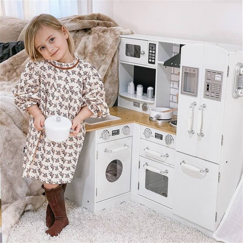 Kids Wooden Kitchen Playset with Light Sound Sink Coffee Maker and Storage White Blue Pretend Cooking Toy for Ages 3 and Up - White-Blue
