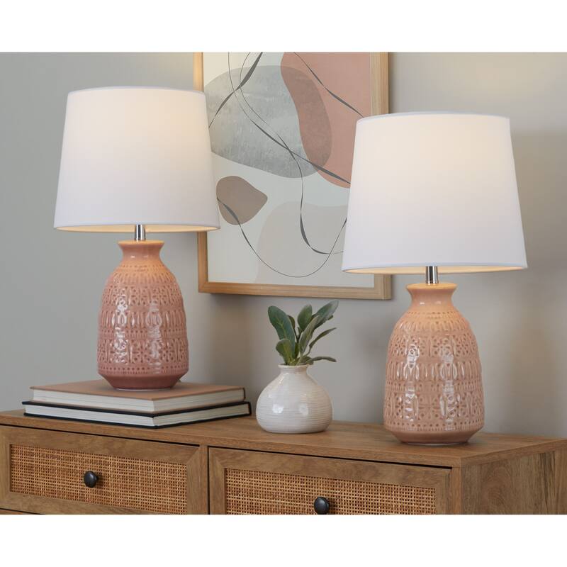 Porch & Den Claudia 20" Ceramic Table Lamp with Patterned Base & Linen Shade (Set of 2) - 20