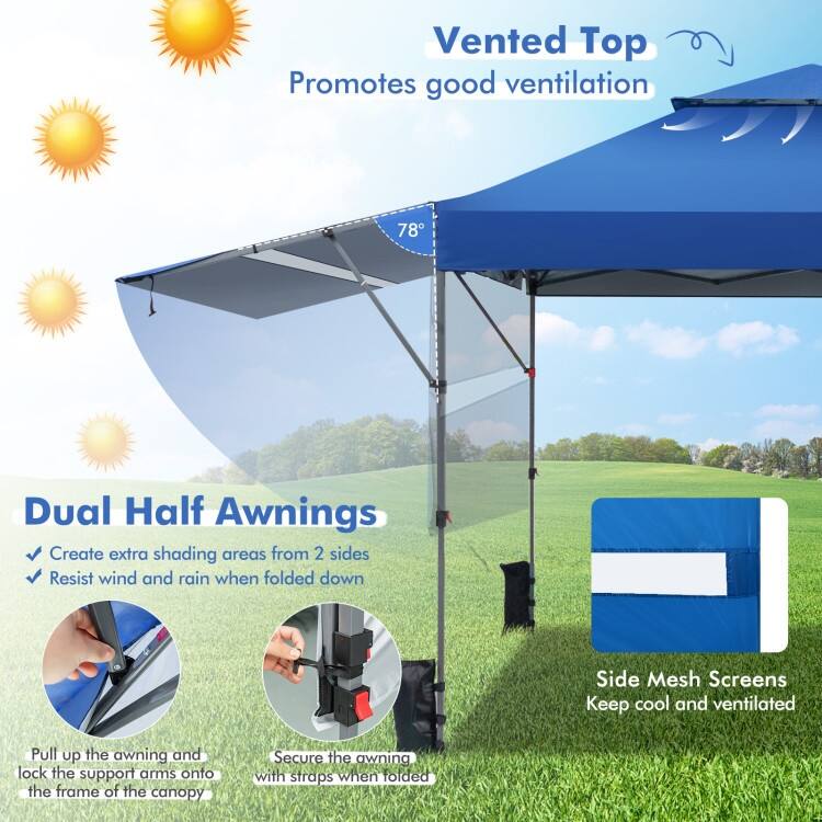 Outdoor Pop Up Canopy Tent with Side Awnings 10x17.6 Ft for Patio or Beach - 10 x 17.6 x 8.9-9.5 ft