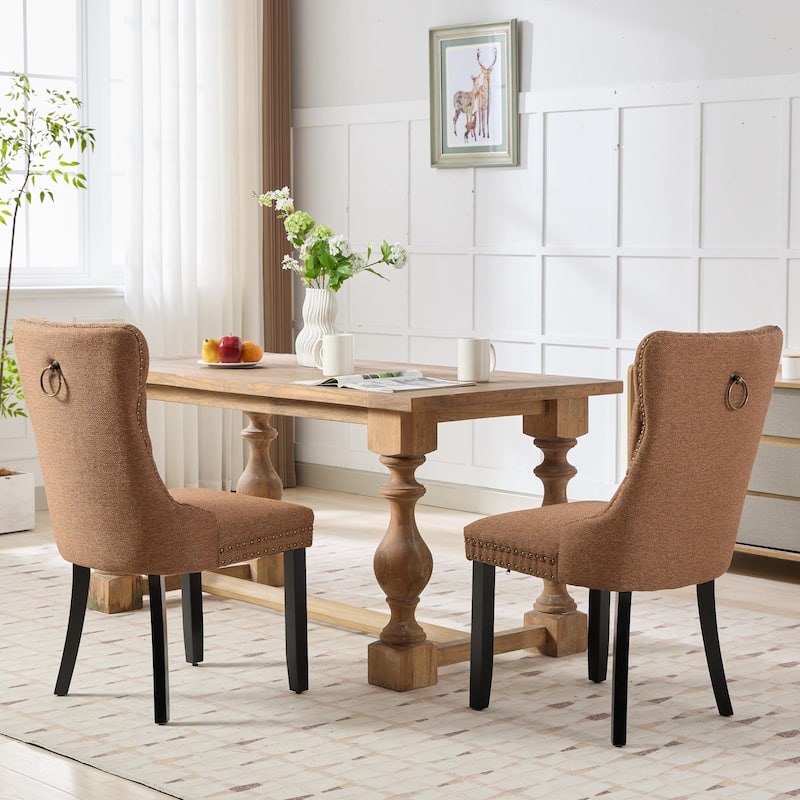 Upholstered Linen Dining Chair with Wood Legs Nailhead Trim 2-Pcs Set