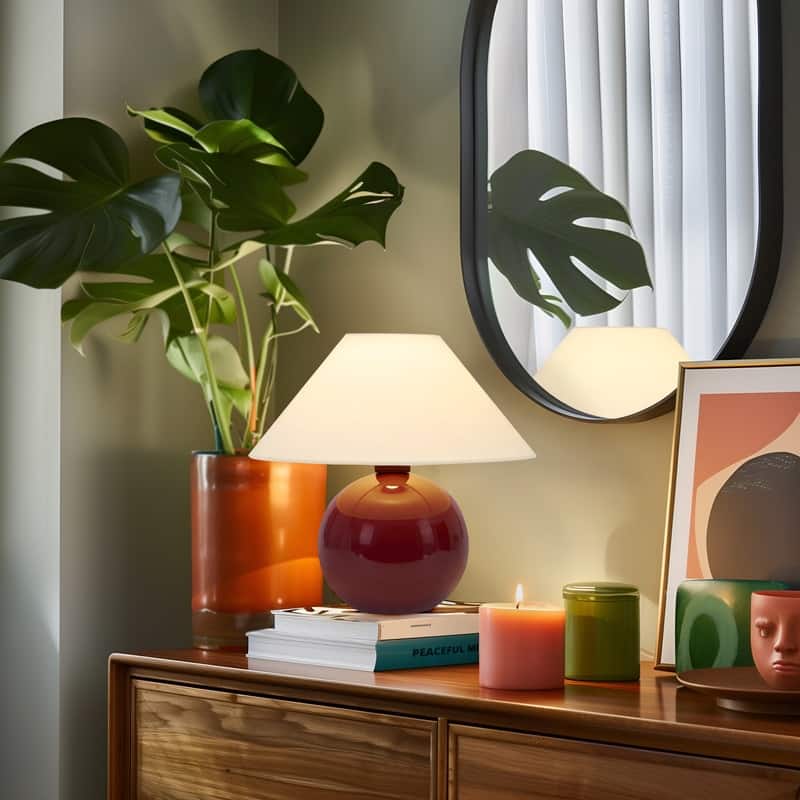 Brightech Fiona LED Glossy Red Ceramic Midcentury Round Globe Bedside Nightstand Desk Lamp with Cream Cotton Empire Shade