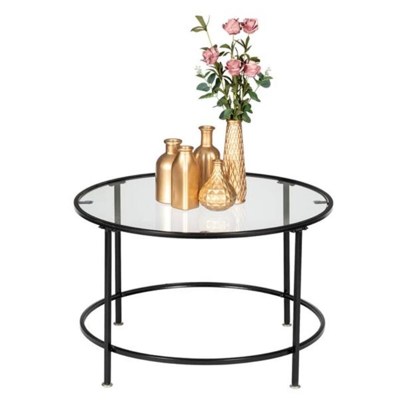 2 Layers 5mm Thick Tempered Glass Countertops Round Wrought Iron Coffee Table - Black - 25.98"L x 25.98"W x 16.53"H